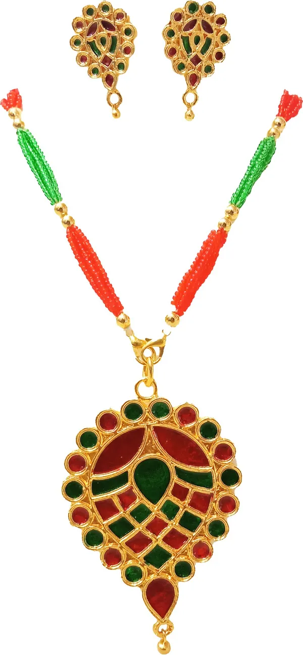 Assamese_Traditional_Gold_Plated_Red_Green_Colour_Dugdugi_Tassel_Jewellery_Set_For_Women_&_Girl